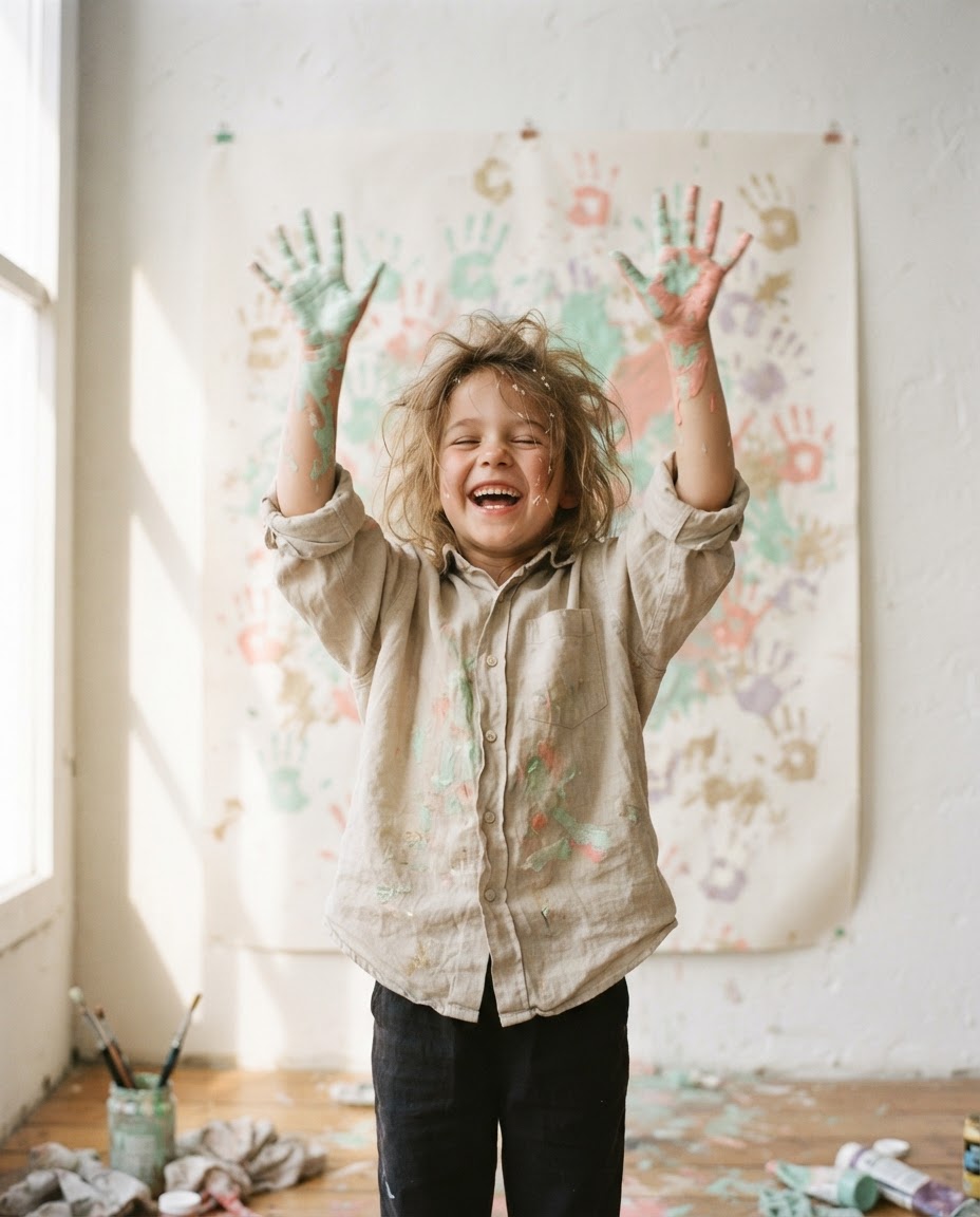 Niña riendo con las manos llenas de pintura pastel